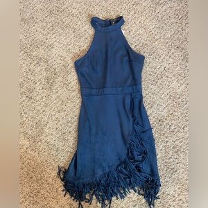 Navy Blue Halter Dress with Fringe